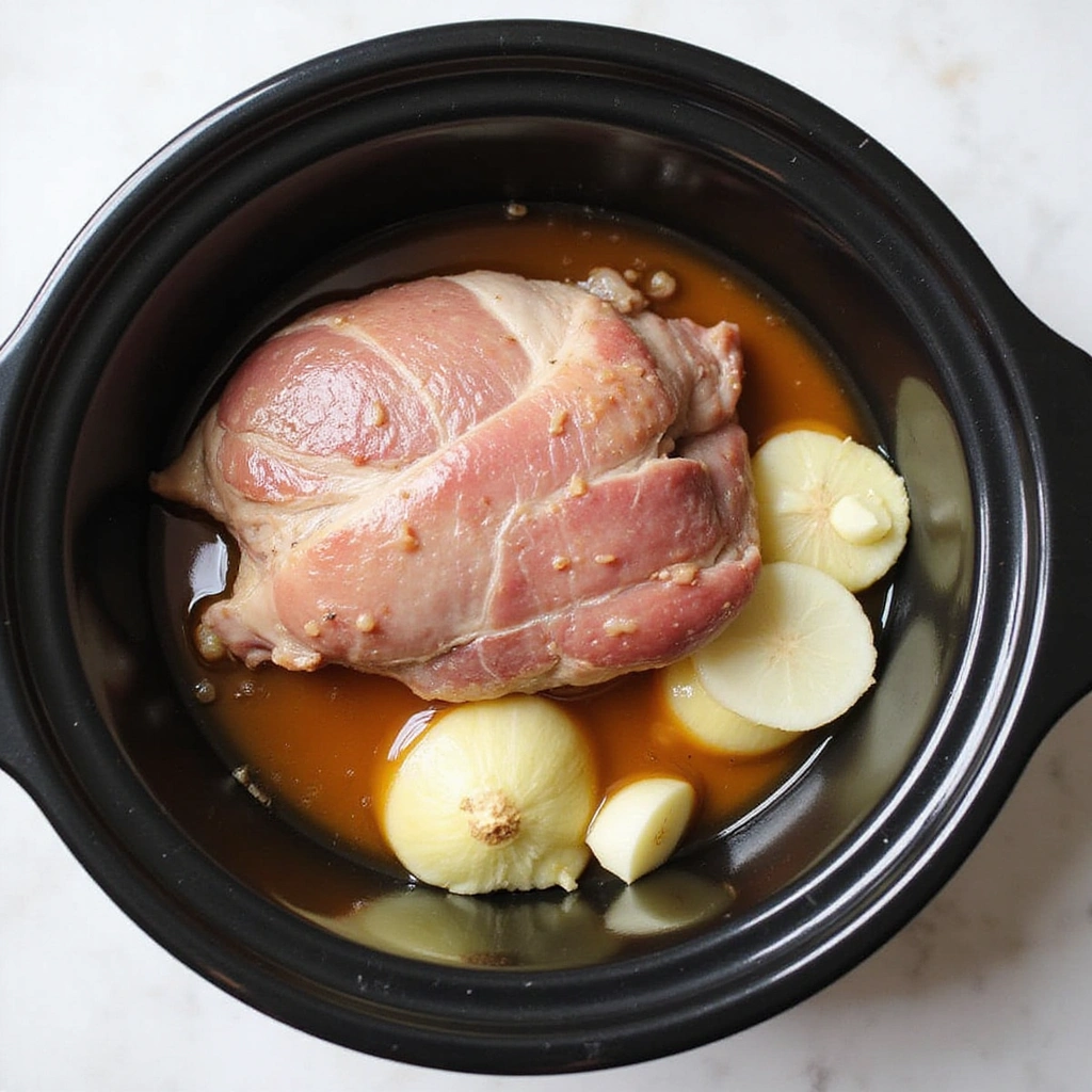 Easy Pulled Pork Crock Pot Recipe Without BBQ Sauce - Step 4: Layer Ingredients in Crock Pot