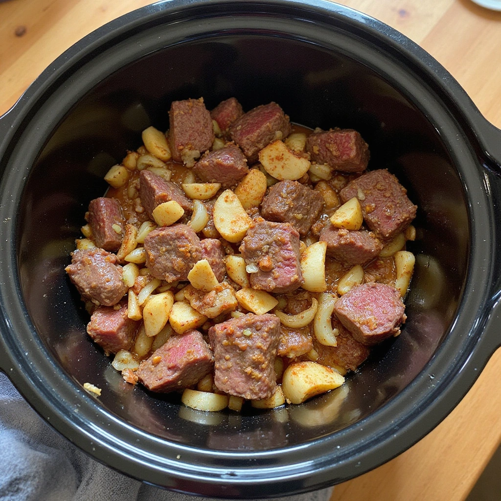 Tender BBQ Beef Tips Crock Pot Recipe with Rich Gravy - Step 4: Assemble in Slow Cooker