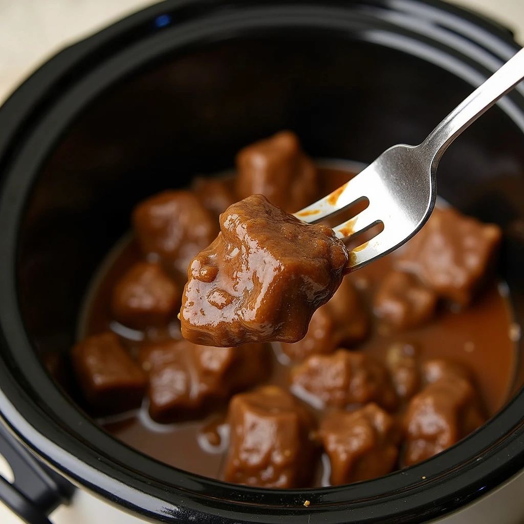 Tender BBQ Beef Tips Crock Pot Recipe with Rich Gravy - Step 6: Check for Doneness
