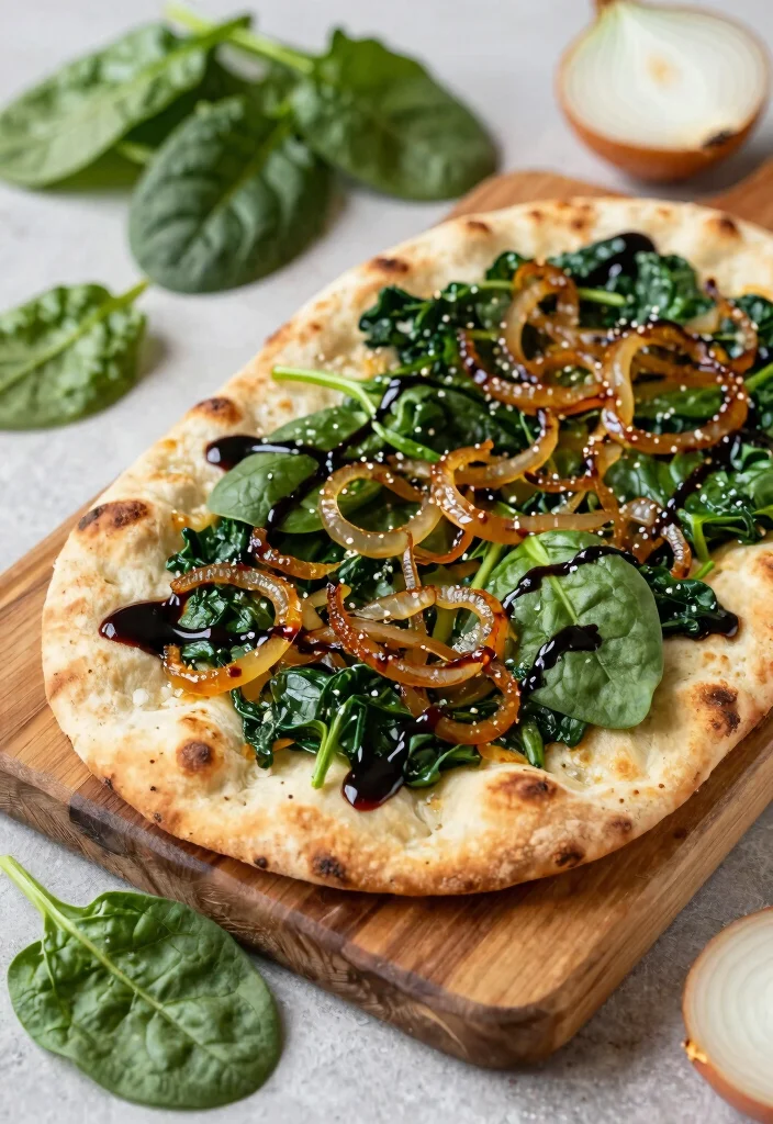 12 Vegan Fall Recipes for Cozy Seasonal Cooking - 7. Caramelized Onion & Spinach Flatbread 1